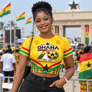 Camisetas Personalizadas para Mujer del 70.º Aniversario de la Independencia de Ghana 2027, Sublimadas, Ajustadas, Estilo Baby Tee, Crop Top - Product Image 1
