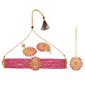 Conjunto de joyería chapada en oro para mujer, Gargantilla de cristal de cuentas de perlas de imitación, collar, conjunto de joyería para mujer, Rosa - Product Image 5