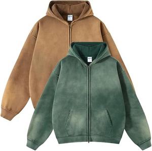 Sweat à capuche zippé vintage délavé à l'acide, épais, personnalisé, effet soleil délavé, polyester/coton, imprimé DTG, avec poche brodée de strass cloutés - Product Image 1