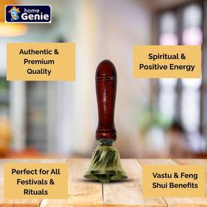 HOME GENIE Campana Pooja de latón con mango de madera | Ghanti tradicional para templo Aarti y rituales diarios | Campana Mandir de mano - Product Image 3