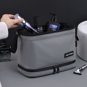 Neceser de dos pisos personalizado, neceser de viaje impermeable, neceser organizador portátil negro y gris para hombre - Product Image 2