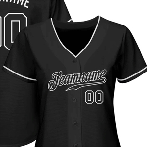 Maillot de baseball personnalisé noir, entièrement boutonné, en polyester, col en V, anti-humidité, pour équipe - Product Image 1