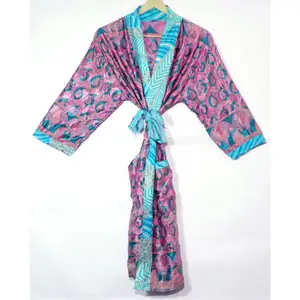 Women's Summer Wear House Coat Japanese Kimono Robe Indian Vintage Recycled Silk Sari Kimono Maxi Indian Vintage Silk Dressing