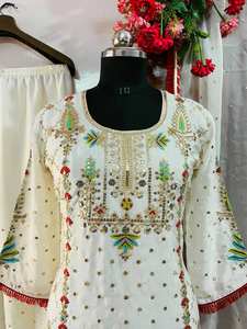 Venta caliente Anarkali Salwar kameez trajes color blanco en tela Chinon con trabajo de bordado para Damas Indias pakistaníes - Product Image 4