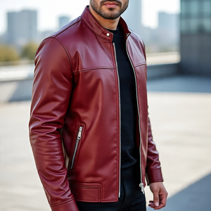 แจ็กเก็ตหนังแฟชั่นสำหรับผู้ชายแจ็กเก็ตหนังพียูคอตั้งมีซิปหลายกระเป๋า - Product Image 5