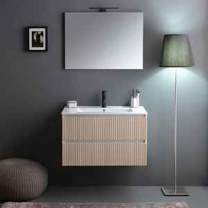 Meuble de salle de bain mural en bois cannelé de 100 cm avec 2 tiroirs et miroir minimaliste Bali de 100x60 cm, ensemble de salle de bain - Product Image 2