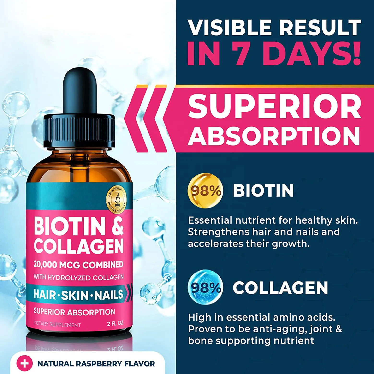 Vitamine per la pelle e le unghie dei capelli con biotina e integratore di collagene gocce di cheratina di collagene di biotina liquida da 60ml