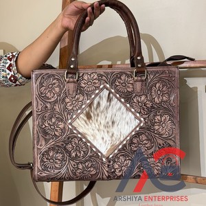 New Fashion Genuine Hair on <b>Tooled</b> Leather Bohemian Buck Stitch <b>Tote</b> <b>Bags</b> Western Hand Carving Leather Cowhide Purse for Women's - Product Image 1