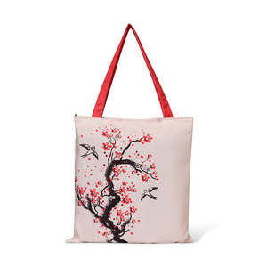 Bolsas de Tela de Algodón con Estampado de Flores de Cerezo, Cierre de Cremallera, Logotipo Personalizable, Ecológicas, Portátiles, para Todas las Estaciones - Product Image 3