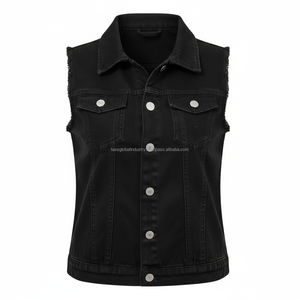 Gilet en jean noir personnalisé OEM pour femme, sans manches, coupe ajustée, bords bruts, style streetwear décontracté - Product Image 1