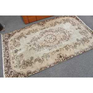 Vintage Turkish Rug, Accent 3.7x6.4 ft (114x196 cm) Rug, <b>Brown</b> Striped <b>Wool</b> Rug - Product Image 1