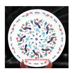 Hermosa Placa de incrustaciones de diseño Floral de forma redonda de mármol blanco hecha a mano para la decoración del hogar y el restaurante placa de mármol - Product Image 1