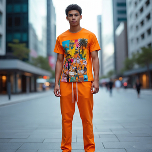 100% algodón verano impreso camiseta pantalón dos piezas conjunto hombres verano ligero estampado camiseta chándal hombres - Product Image 2