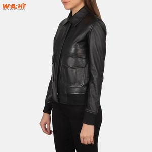 Col classique fermeture éclair avant veste d'hiver pour femmes en cuir noir véritable coupe ajustée personnalisé OEM vêtements d'extérieur manteau poches mode solide - Product Image 5