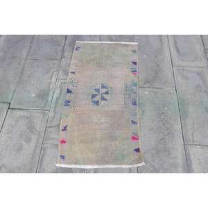 Alfombra Turca Vintage Pequeña de 1.7x3.37 pies, Alfombra con Borde Azul Gris - Product Image 1