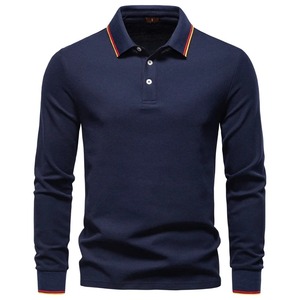 Polo de Manga Larga Azul Marino para Hombre, Tejido de Punto, Color Sólido, Casual, con Botones, Corte Regular, Antiarrugas, de Algodón - Product Image 1