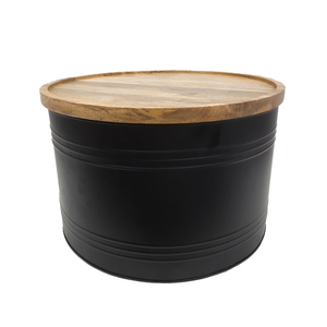 Boîte de rangement de forme ronde en métal de fer au design unique avec couvercle en bois couleur noire et naturelle pour ustensiles de cuisine et boîte de rangement de table - Product Image 2