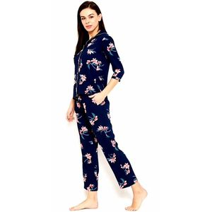 ชุดนอนลำลองสำหรับผู้หญิงลายพิมพ์บล็อกมือแบบสปริง พร้อมเอวยางยืดและกระดุมผ้ายีนส์เนื้อนุ่ม - Product Image 1