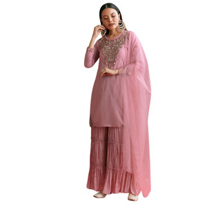 All'ingrosso rosa chiaro Organza Kurta Sharara vestito con ricami per la festa nuziale indossare ricevimento festivo e ordini etnici personalizzati - Product Image 4