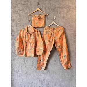 Bohemian Floral Print Cotton Pajama Set Soft Woven <b>Lace</b> Sleep Dress <b>Elastic</b> Waist Button Casual ODM Geometric Block Print - Product Image 1
