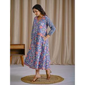Vestido Anarkali Azul con Estampado de Algodón Hecho a Mano, Estilo Pakistaní, Salwar Saree Indio Hecho de Modal y Georgette - Product Image 4