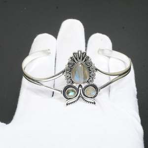 Labradorite Gemstone Handmade Cute Charm Brass Bangle Multi Stone Owl Pattern Luxury Men's Gift - Product Image 3