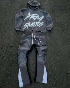 100% coton personnalisé lavé à l'acide Vintage survêtement hommes Streetwear en détresse coupe et coudre Patchwork à capuche et pantalons de survêtement ensemble - Product Image 1