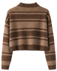 Custom Brown Striped Women V Neck Sweater Soft Knit Pullover Long Sleeve Winter Casual Fashion Jumper For Wholesale Supply - Product Image 2