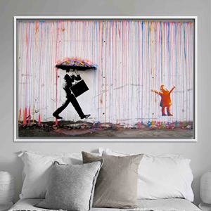 Vibrant Banksy Graffiti Canvas Print: Colorful Rain, Kids Umbrella,WHITE <b>FRAMED</b> CANVAS - Product Image 1