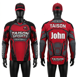 Camiseta de paintball para hombre, 180 GSM, poliéster transpirable, diseño con paneles acolchados de malla, estampado por sublimación en rojo y negro, logotipo personalizado - Product Image 6