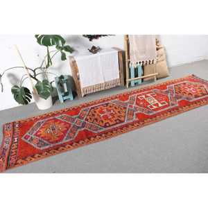 Vintage <b>Runner</b> Rug 2.8x10.6 ft, <b>Red</b> Moroccan Turkish Wool Rug - Product Image 4