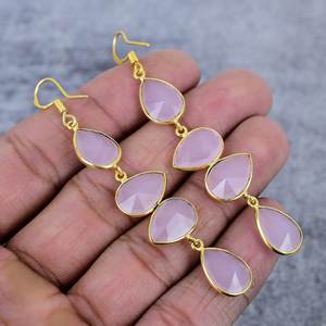 Boucles d'oreilles pendantes en forme de poire en argent sterling plaqué or avec pierre précieuse en calcédoine rose, cadeau tendance pour les fêtes, pour femmes - Product Image 4