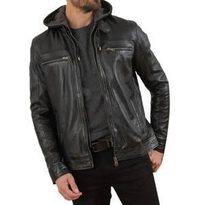 Veste en cuir noire pour homme à plusieurs poches avec capuche, coupe ajustée élégante, veste de moto avec fermeture éclair sur le devant et design personnalisé - Product Image 6