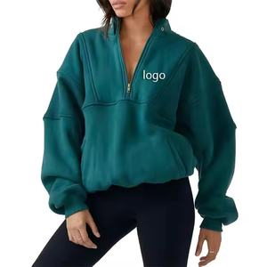 Jersey de peso pesado personalizado sudadera cálida de algodón polar de gran tamaño cuello redondo cremallera bordada recortada mujer tejido en blanco - Product Image 1