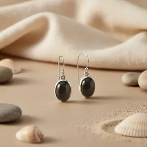 Boucles d'oreilles pendantes ovales en onyx argenté pour femme, bijoux de mode pour usage quotidien - Product Image 3