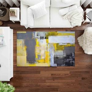 Tapis imprimé : moderne, facile à nettoyer, design jaune et gris, tapis fin non tissé - Product Image 2