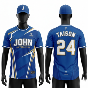 Camiseta de Softbol de Primera Calidad, 160 GSM, Poliéster Interlock, Azul Cielo, Blanco y Dorado, Diseño de Paneles, Logotipo Personalizado por Sublimación - Product Image 4