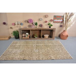 Alfombra de lana marrón beige turca vintage de 4,5x7,7 pies patrón de retazos rectangular de área grande clásico para adolescentes con respaldo de látex - Product Image 1