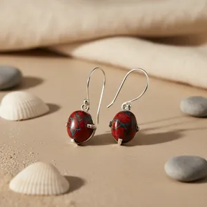 Pendientes de gota de jaspe rojo vintage para mujer Art Palace, chapados en plata 925, engaste de bisel, forma de gota de agua, origen Rajasthan, para fiesta - Product Image 2