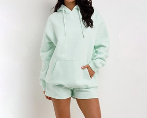 Ensemble de shorts de sport à capuche longs en tissu éponge uni pour femmes, manches longues, antibactérien, polyester/coton, coupe ample décontractée, printemps été - Product Image 3