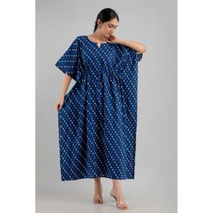 Caftán Maxi con Estampado Floral Azul, Vestido Étnico de Algodón Puro, Tejido Suave y Talla Única - SHKUP1242 - Product Image 3