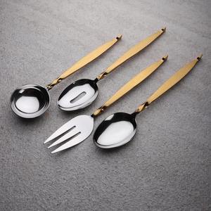 Elegante juego de cubiertos de acero inoxidable con mango dorado y cabeza plateada para servir, cubiertos de lujo para cocina, comedor y uso de buffet de la India - Product Image 4