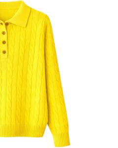 Suéter de Punto Trenzado Amarillo para Mujer, Cuello Polo, Manga Larga, Cierre de Botones, Suave, Cálido, Informal, para Invierno, Moda Femenina - Product Image 4