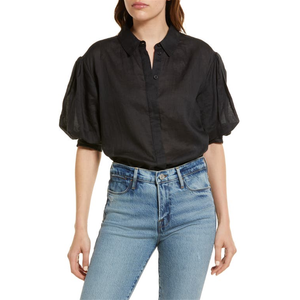 Camicetta Chic con Maniche a Sbuffo Nera Taglia S Piccolo Logo Ricamato in Tessuto Popeline Chiffon Stile Casual Vestibilità Ampia per Primavera Autunno - Product Image 1