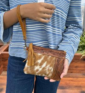 Hot Sale Western Hair on Tooled Leather Wristlet Purse for Women's Genuine Leather Tassel Pouch Floral Tooled Tan Cowhide Clutch - Product Image 2