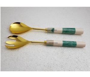Manche en bois coloré acier inoxydable plaqué argent mélange et cuisson salade serveur plat cuillères de service outils de fruits et légumes - Product Image 3