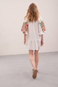 Elegante Floral bordado cuello redondo mangas cortas Puff hermosa Mini longitud reunida mujeres con cinturón bordado mejores vestidos - Product Image 3