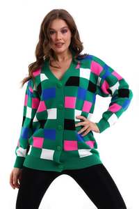 Cárdigan de Punto con Botones y Estampado Cuadrado de Manga Larga para Mujer, con Colores Vibrantes, Moda Otoño/Invierno, Casual, Oficina, Venta al por Mayor - Product Image 2