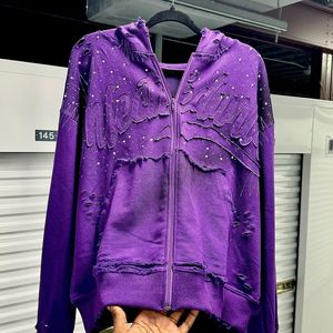 Sweat à capuche vieilli avec broderie du fabricant personnalisé Veste zippée en strass Lavage à l'acide Vintage Washed Men Fleece Streetwear Hoodie - Product Image 2