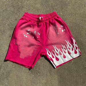 Pantalones cortos de sudor de verano personalizados, pantalones cortos holgados de algodón con estampado gráfico Vintage Raw Hem Applique Distressed Acid Wash Shorts para hombres - Product Image 5